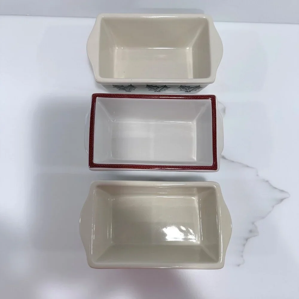 Nantucket Set of 3 Ceramic Mini Bread Loaf Pans SANTA Snowmen Holly Holiday 5x3